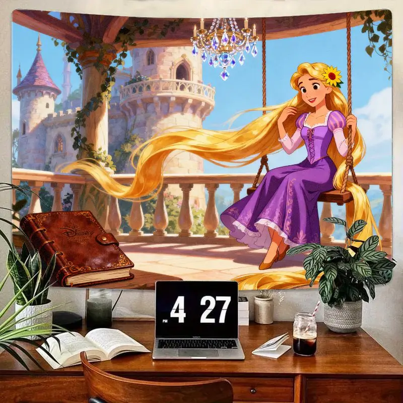 

1 шт., гобелен Рапунцель, принцесса Диснея, длинные светлые волосы, настенный висит, замок, балкон, эстетический декор комнаты для девочек, подарок для детей