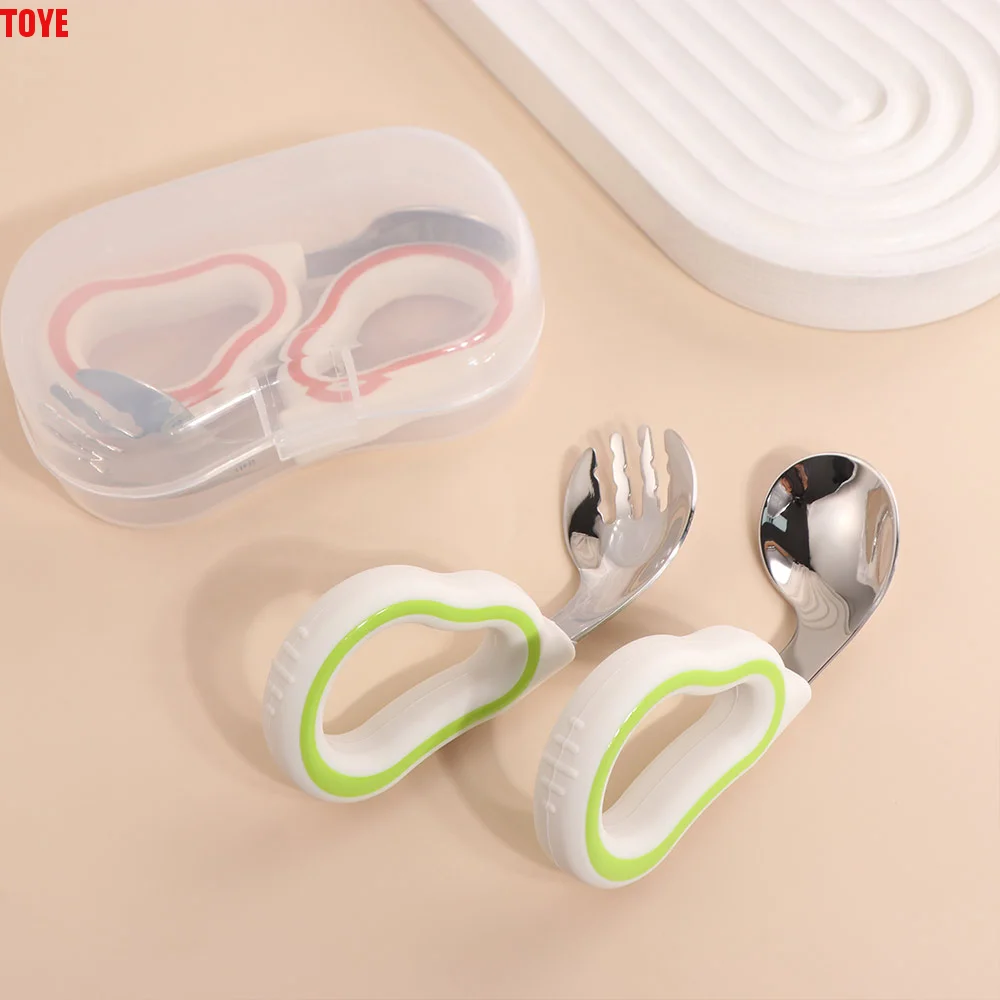 

Силиконовый набор вилок и ложек для самостоятельного кормления с коробкой для хранения, детские столовые приборы с короткой ручкой, детская посуда из нержавеющей стали 316