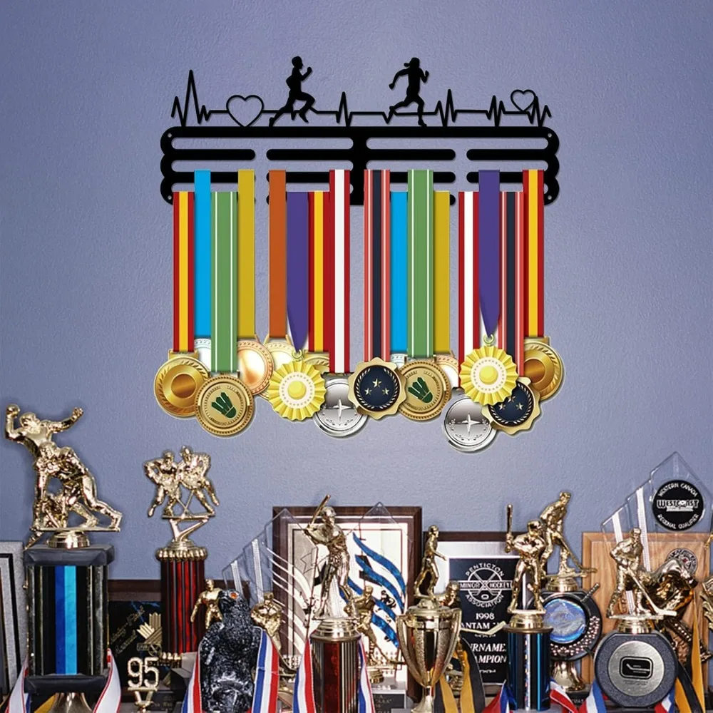 Running Medal Holder ECG Pattern Medals Display Hanger Black Iron Wall Mounted Hooks for Competition Medal Holder Making Kit