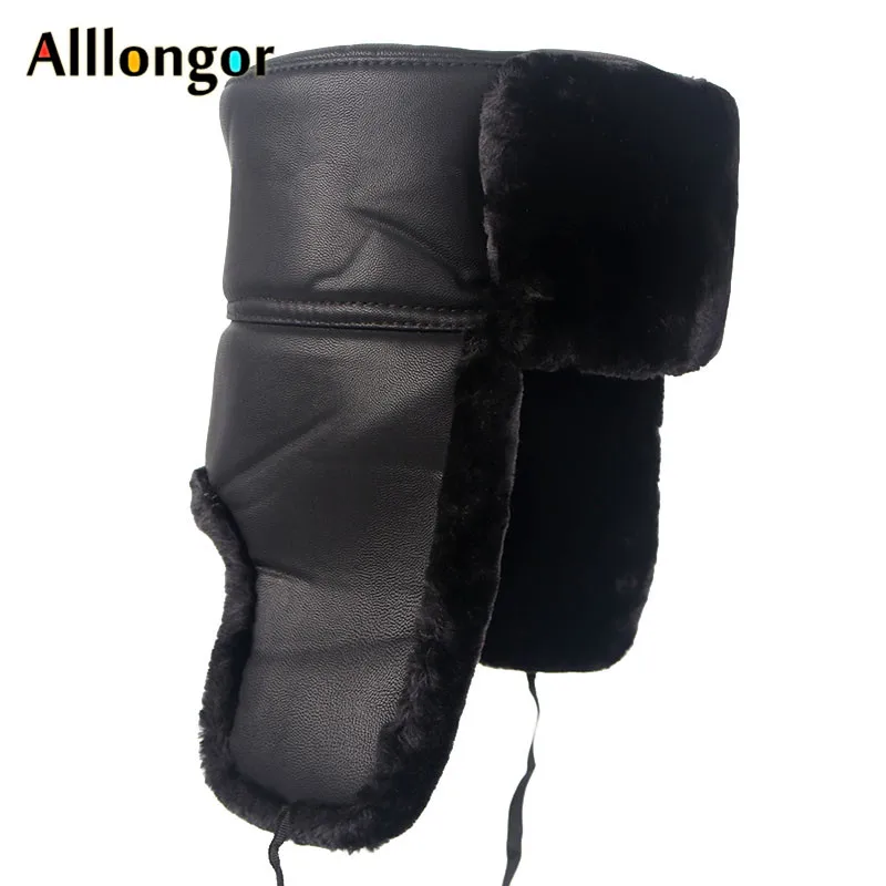 

High Quality 2024 Winter Warm Leather Pilot Cap Soviet Russian Ushanka Faxu Fur Hats Earflap Bomber Hat Men Black Snow hats