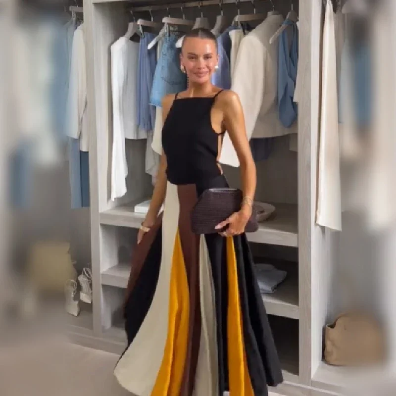 

Fashion Contrast Striped A Line Maxi Skirt Women High Waist Big Flared Swing Dress Elegant Holiday Dating Casual Long Skirts