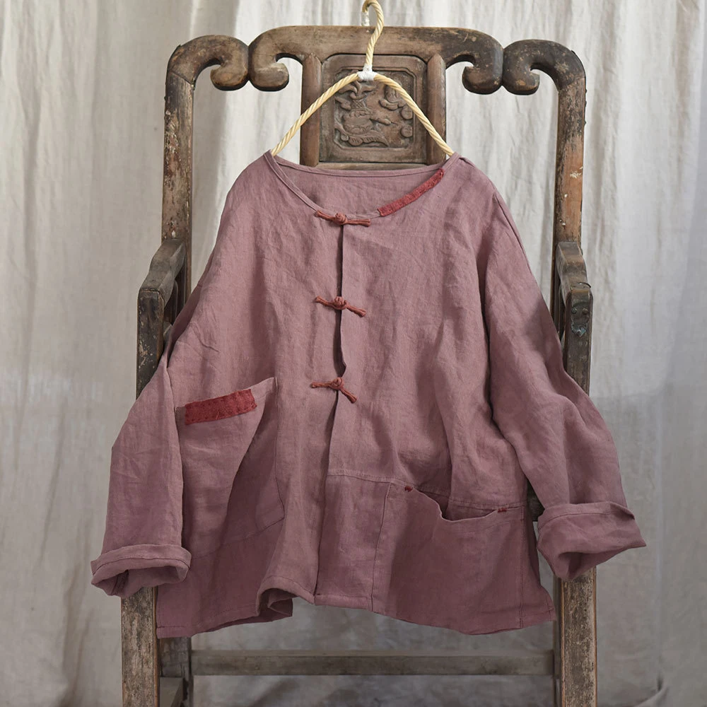 여성용 긴팔 리넨 셔츠, 빈티지 O넥 단색, 루즈한 여성 캐주얼 상의 셔츠, M470, 2025 용수철 중국 스타일, 신상