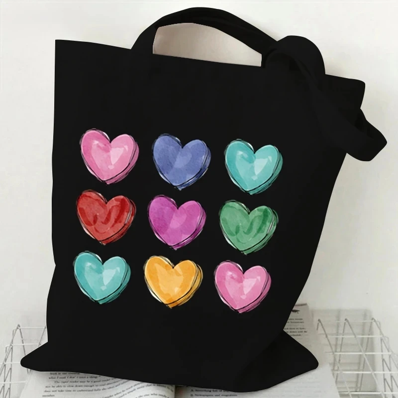 

Fashion Love Heart Print Shoulder Bag Ladies Canvas Tote Casual Eco Large Capacity Portable Travel Shopping Bag Purses Handbags