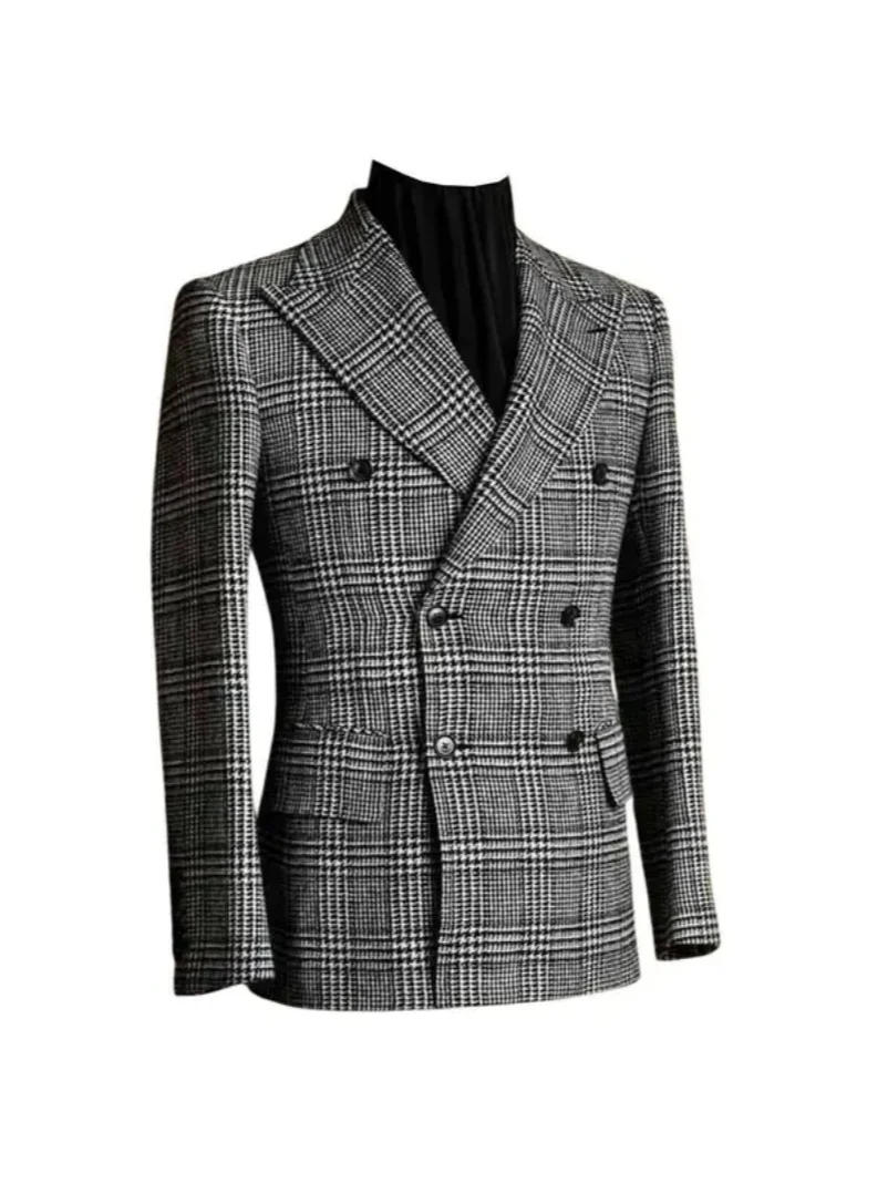 1 Pc Check Men Blazer for Wedding/Business Party Plaid Peak Lapel Double Breasted Houndstooth Suit Jacket Male Fashion Coat