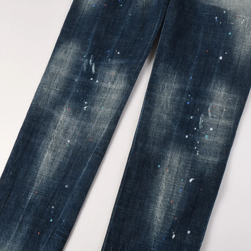 Fashionable high street new jeans painted, scratched, washed, nostalgic, elastic, slim fit blue jeans, high street hip-hop brand