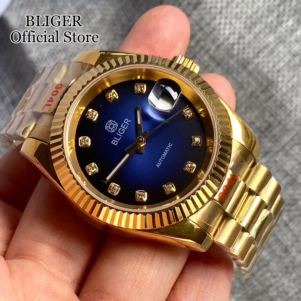 BLIGER 36mm 39mm NH35A Black Dial Diamond Index Automatic Mens Watch Sapphire Glass Rose Gold Fluted Bezel Steel Bracelet