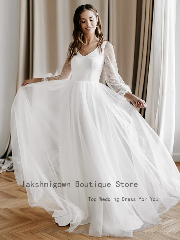 Lakshmigown Khiêm Tốn Boho Dài Tay Áo Cưới 2022 Đầm Vestido Longo Trắng Voan Đi Biển Cô Dâu Áo Cưới Tự Làm