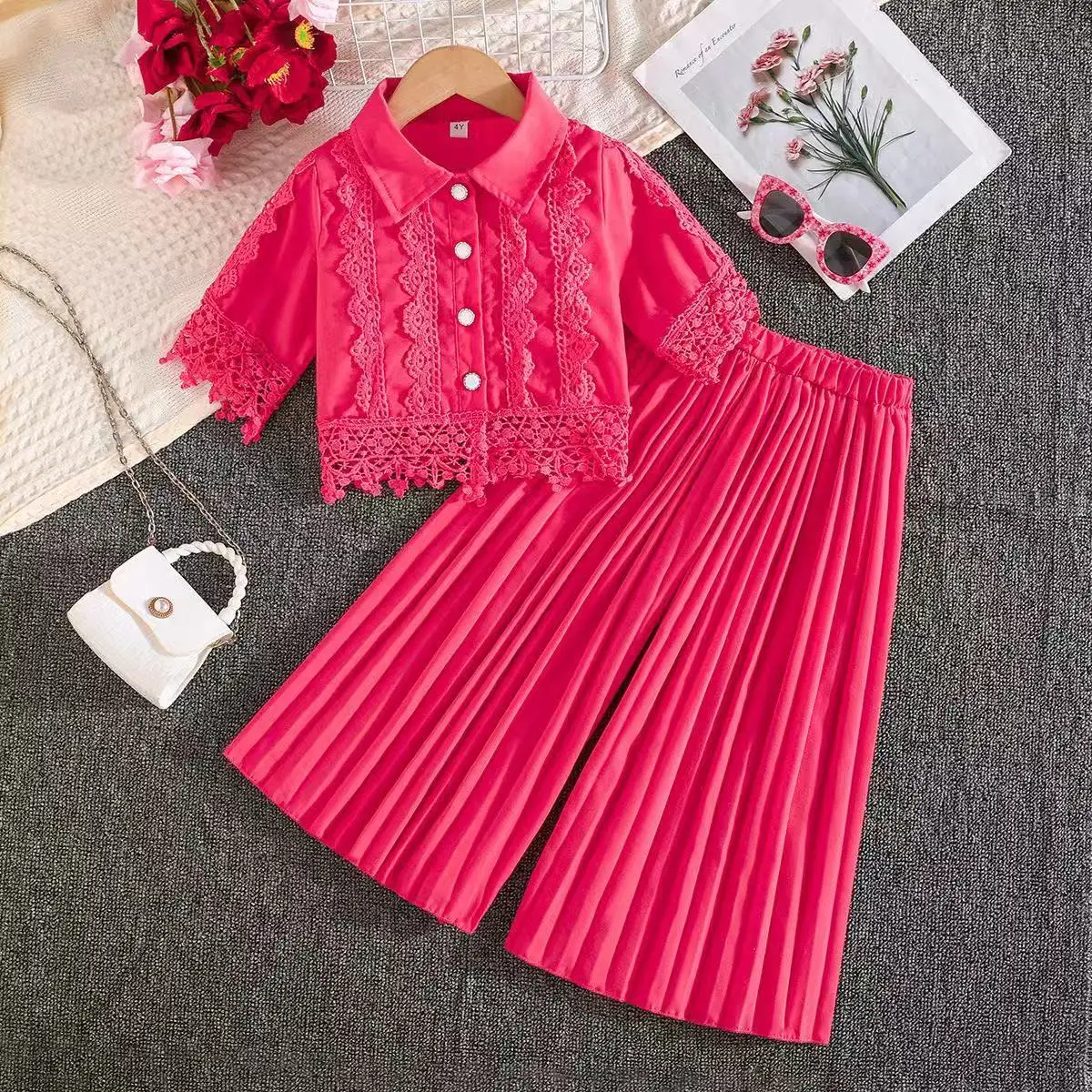 2026 New Toddler Girls 2Pcs Outfit Lace Top + Wide Leg Pants Set Fashion Casual Suit for Middle East & European American Style