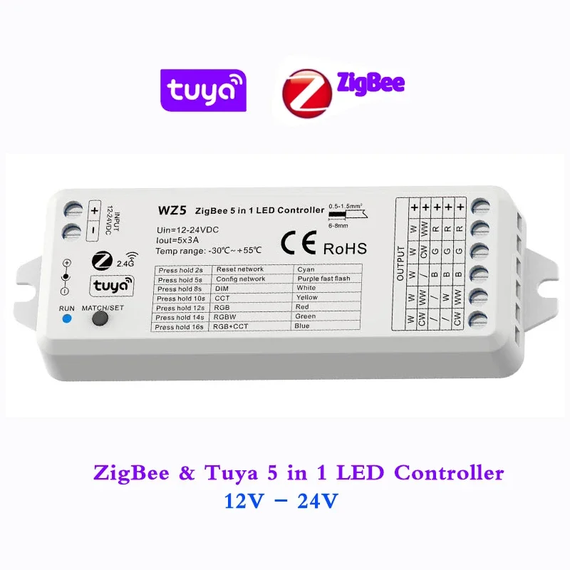 

Tuya 5 in 1 LED Controller ZigBee -RF Converter Smart Voice APP Cloud Control 12V 24V Single Color RGBWW RGBW RGB+ CCT LED Light