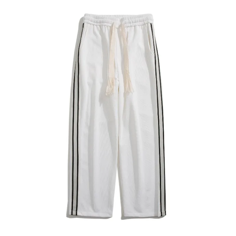 Men's Spring Autumn Striped Elastic High Waisted Solid Pockets Casual Sports Loose Wide Leg Straight Leg Trousers Vintage Pants