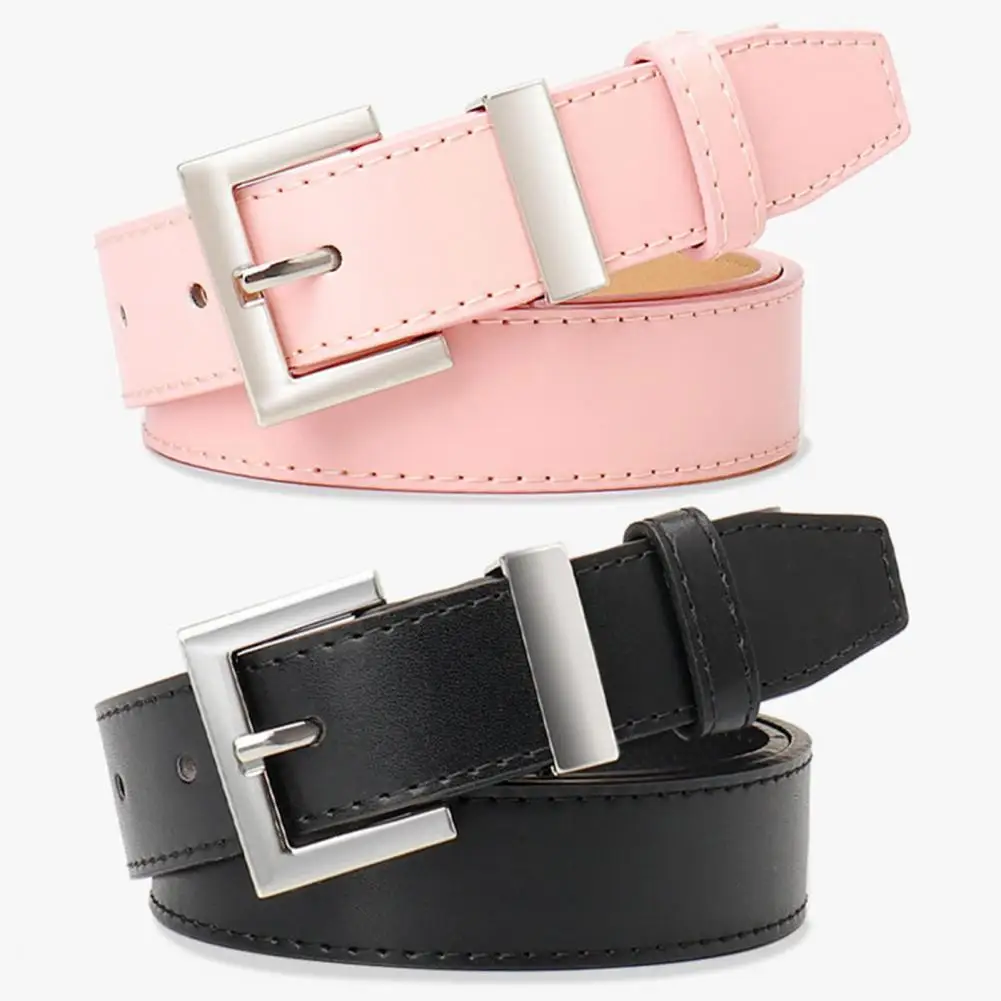 Everyday Belt Geometric Square Buttons Women's Jeans Belt with Adjustable Length Multi Holes Imitation Leather for Stylish