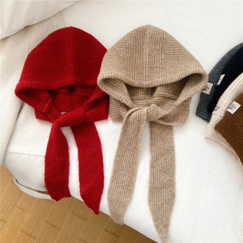 Knitted Beanies Cap Autumn Winter Warm Lady Cute Pleasant Balaclava Cap Bonnet Fashionable Versatile Hooded Hat