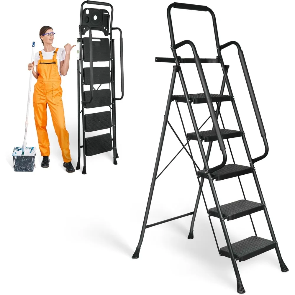 Portable Steel Folding Ladder with Wide Anti-Slip Treads, Tool Platform, Durable and Sturdy Construction, Black
