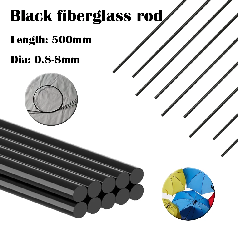 1-10pcs 500mm Black Fiberglass Rod 0.8-8mm Dia - High Strength Lightweight DIY Craft Model Repair Tool
