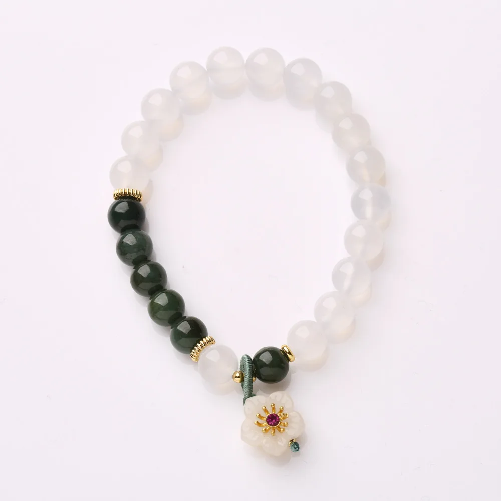 

Natural White Agate Oil Green Jade Bracelet Green Aventurine Hibiscus Plum Beaded for Women Wenwan Mala Prayer Wholesale