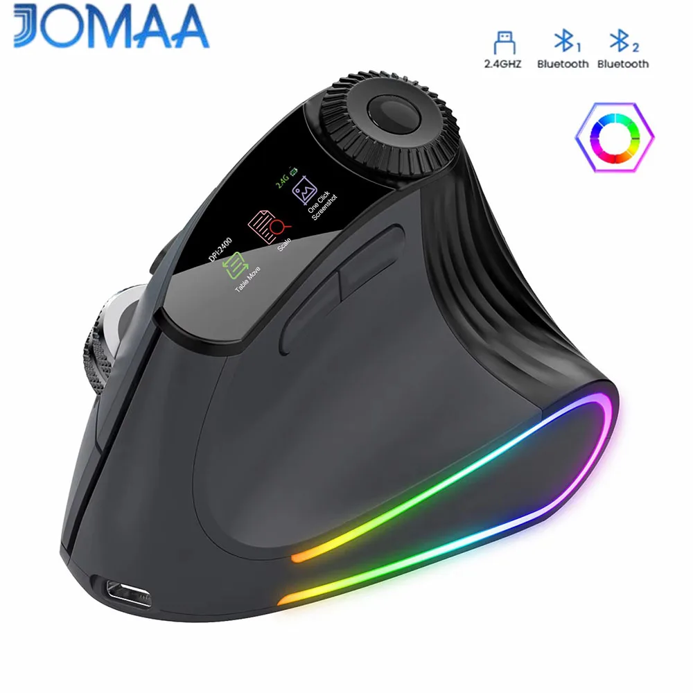 Vertical Bluetooth Mouse with Function Adjustment Knob,LED Screen,RGB Backlit Speed Roller Wireless Gaming Mouse