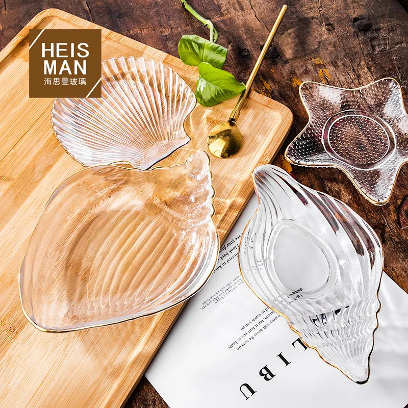 Withered Heisman Creative Gold Border Glass Tableware Ocean Series Bowls and Dishes Transparent Fruit Plate Household Snack Bowl