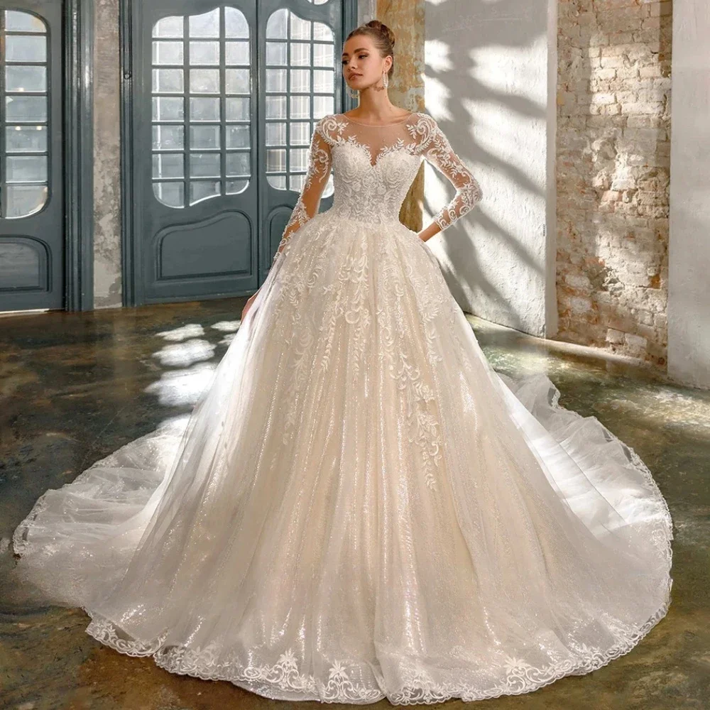 2025 vestido De Novia elegante De lujo, apliques De manga larga, Vestidos De Novia con cuentas De lentejuelas, batas De boda personalizadas