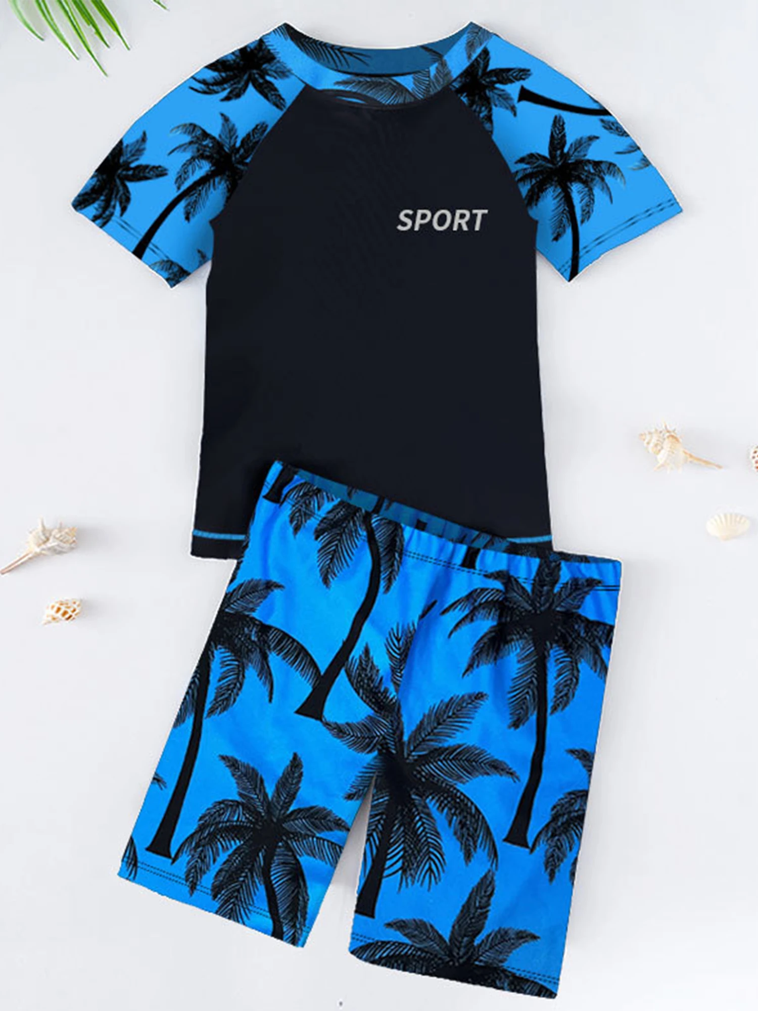 Kids Boys 2 Pieces Swimsuit Rash Guard Short Sleeve Swim Shirt Tops with Shorts Swim Trunks Swimwear Surfing Beach Bathing Suit