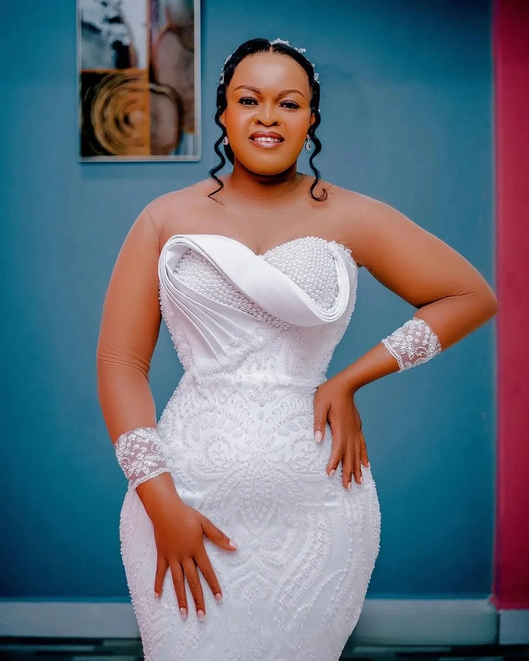 ชุดแต่งงานเจ้าสาวแบบสั่งตัดทรงเมอร์เมด แขนยาว ประดับลูกปัด ผ้าลูกไม้ ผ้าทูลหลายชั้น ประดับมุก ไซส์พลัส