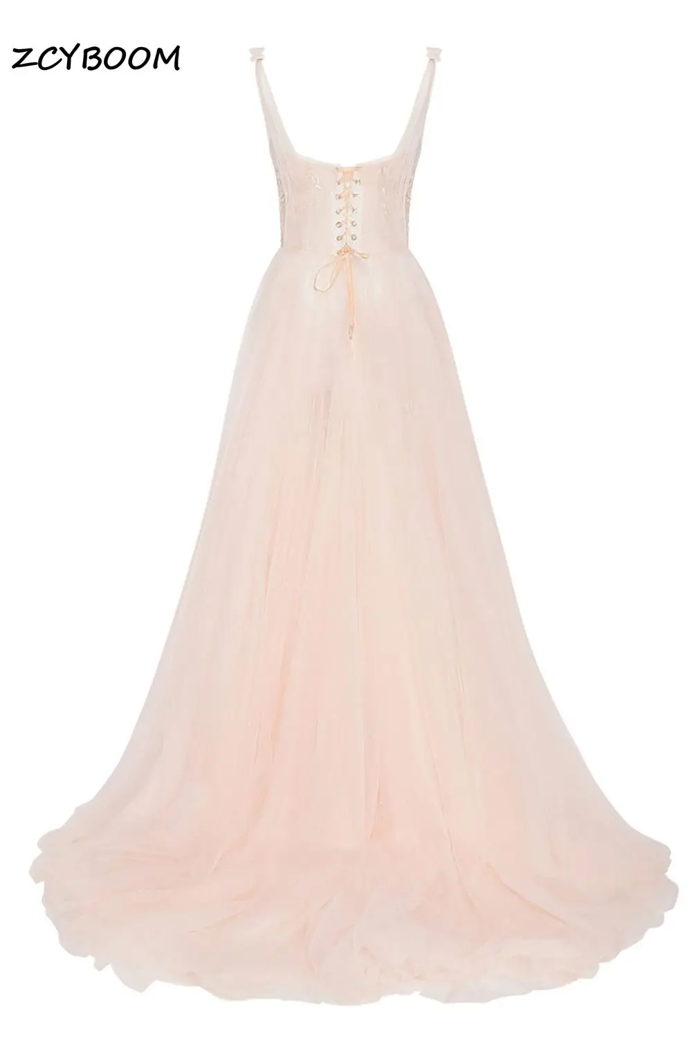 핑크색 퀸시네라 드레스 졸업식 백리스 튤 리본 숄더 스트랩 파티 드레스 아플리케 보디스 A라인 롱 드레스