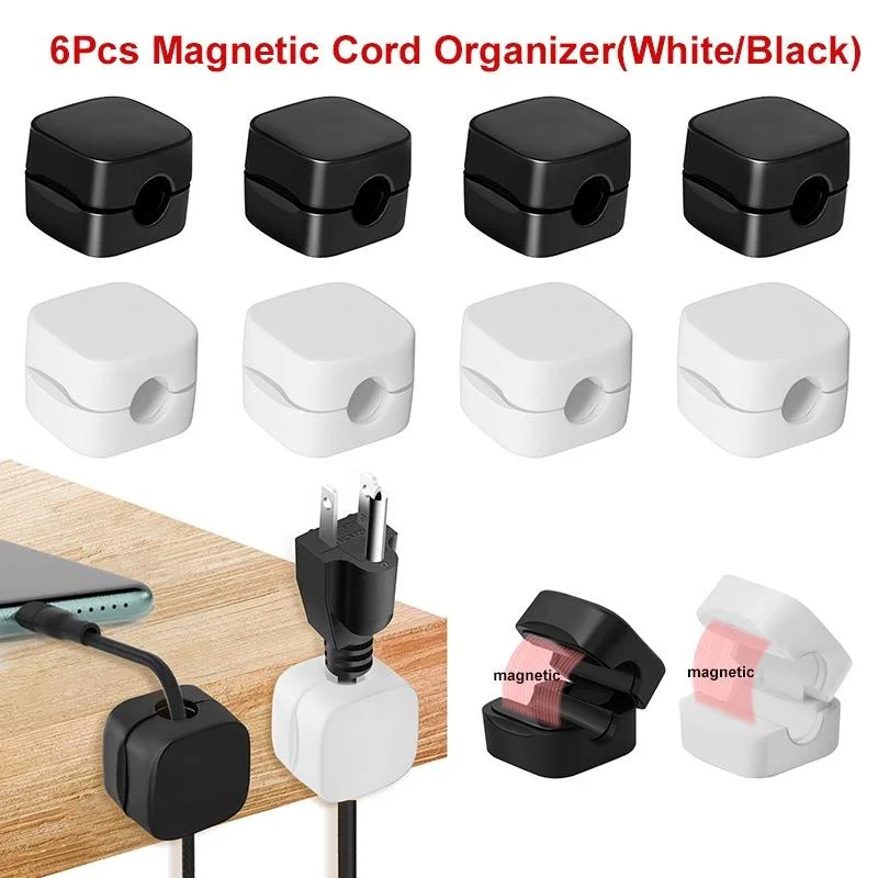 Adhesive Charger Cable Clips, Magnetic Cord Organizer, Wire Holder Keeper, USB Charging, Desk, Home, Office, 6Pcs