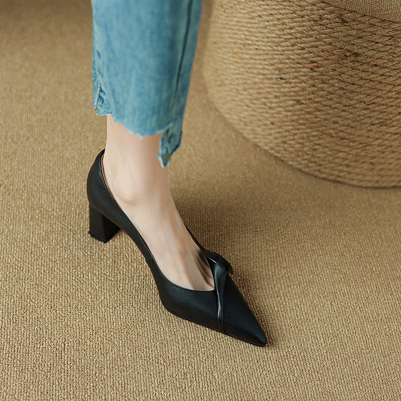 2024 New Women Pumps Spring Summer Office Ladies Party Pointed Toe Thin Heels Soft Genuine Leather Shoes Woman Fashion Elegant