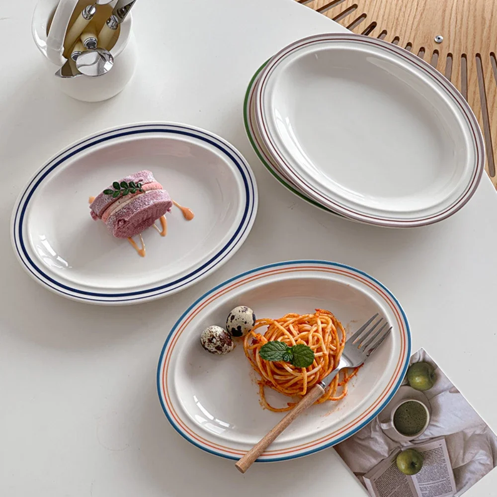 Ceramic Oval Dish Plates Korean  Style Striped Porcelain Dinnerware Vegetables Fruit Salad Pasta Breakfast Plates Kitchen Dishes