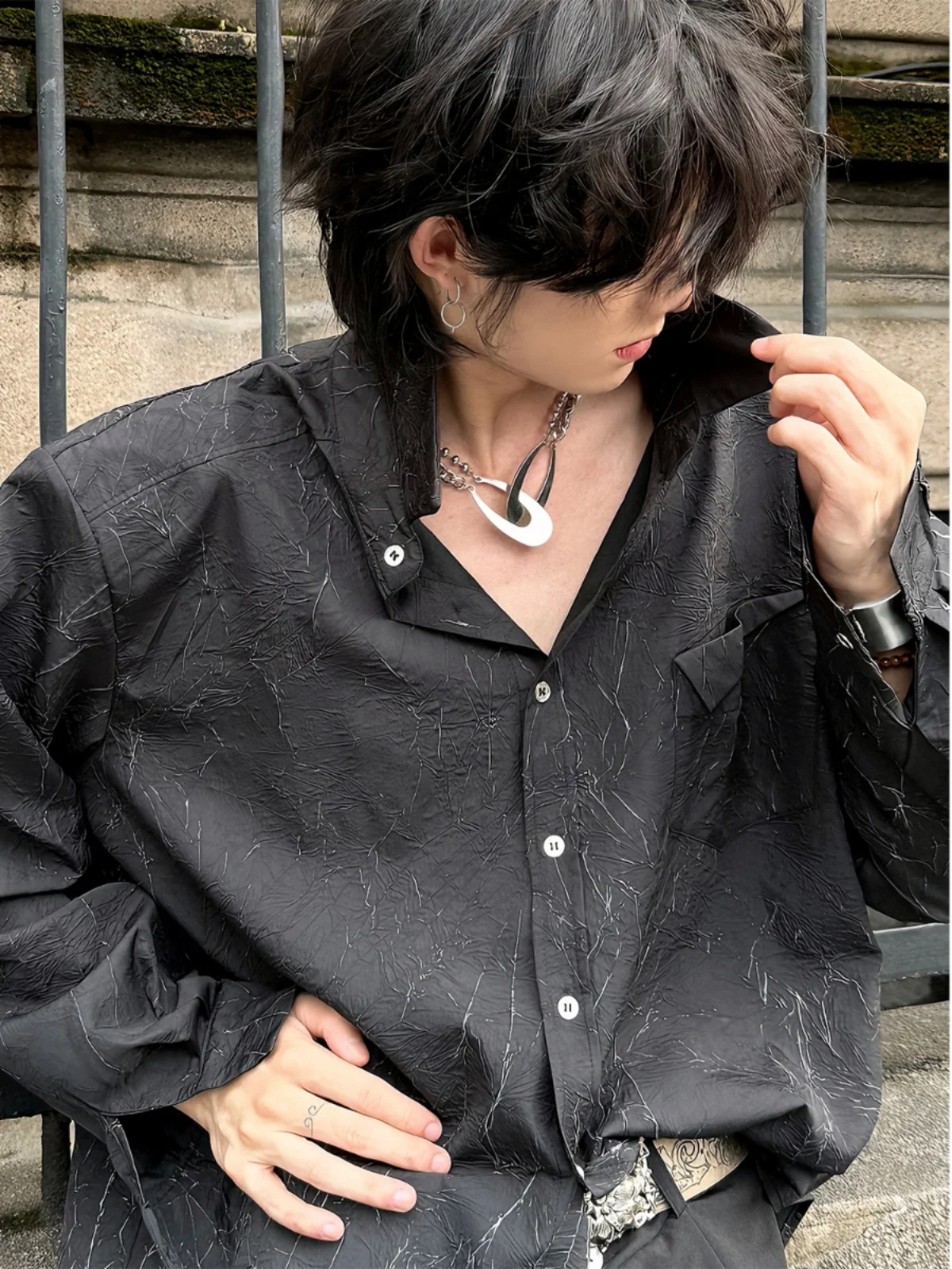 

Nightclub Men's Long Sve irt Texture Sensation Spring Autumn High End Design Cool Outerwear Casual Faion Polyester