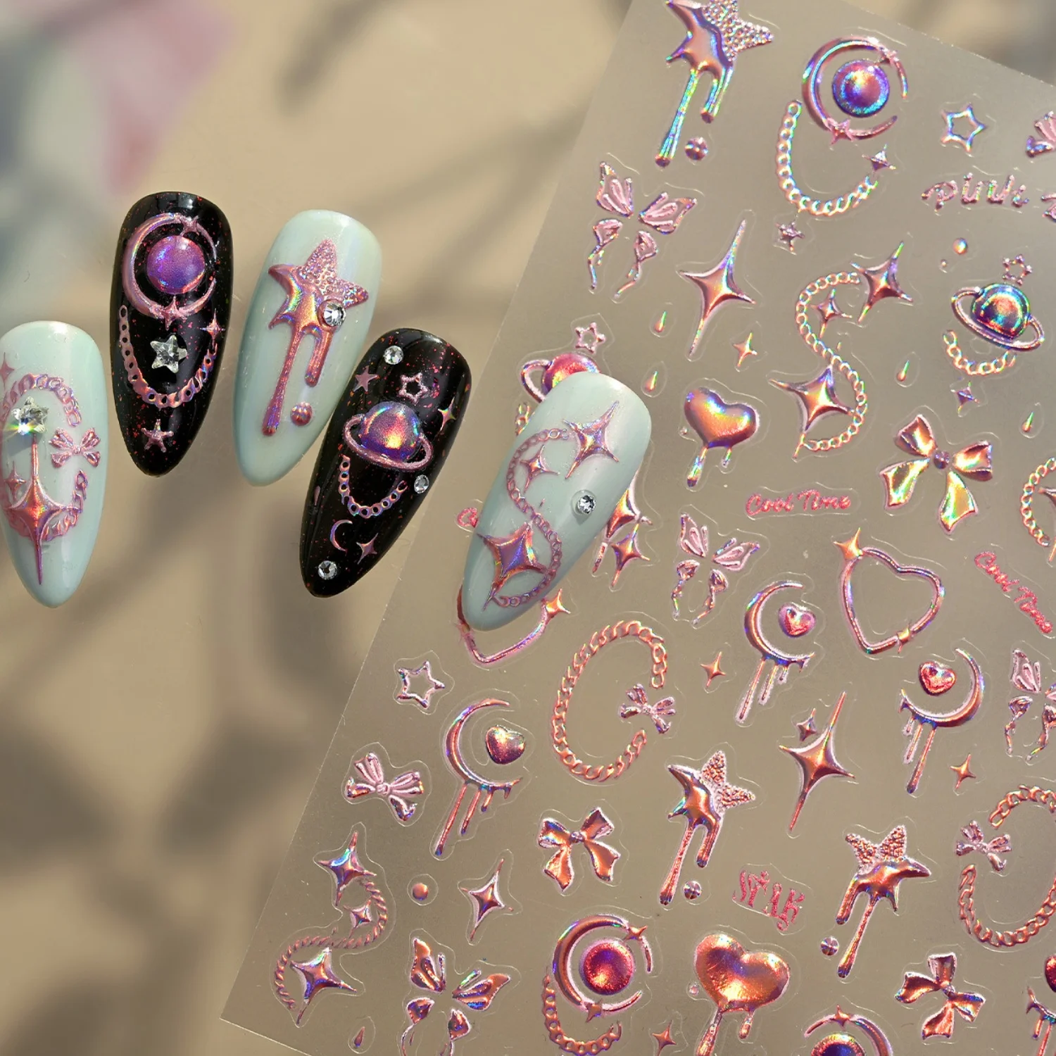 Y2K Trend 5D Nail Art Stickers Holographic Star Moon Heart Planet Chain Embossed Self Adhesive Nail Decals Decor for Women Girls