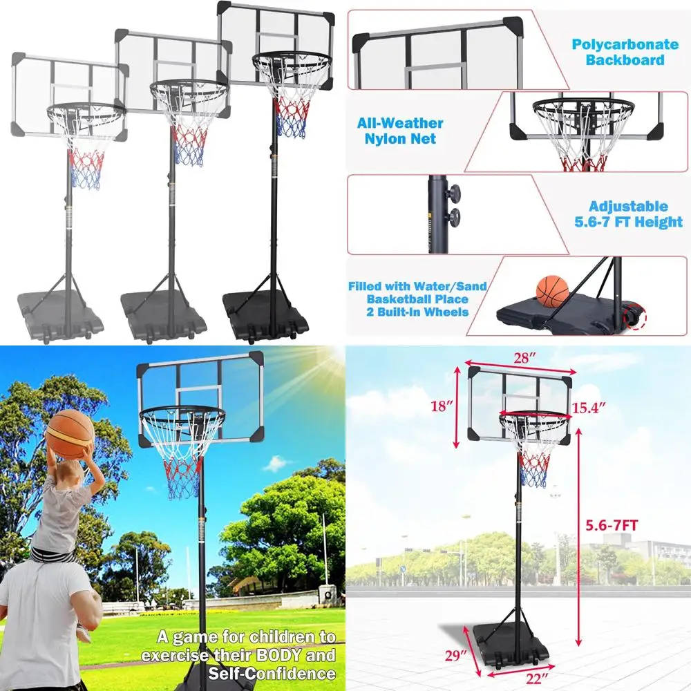 십대 및 성인을 위한 높이 조절 가능한 농구대 시스템, 5.6피트에서 7피트, 실내외 사용 가능, 28인치