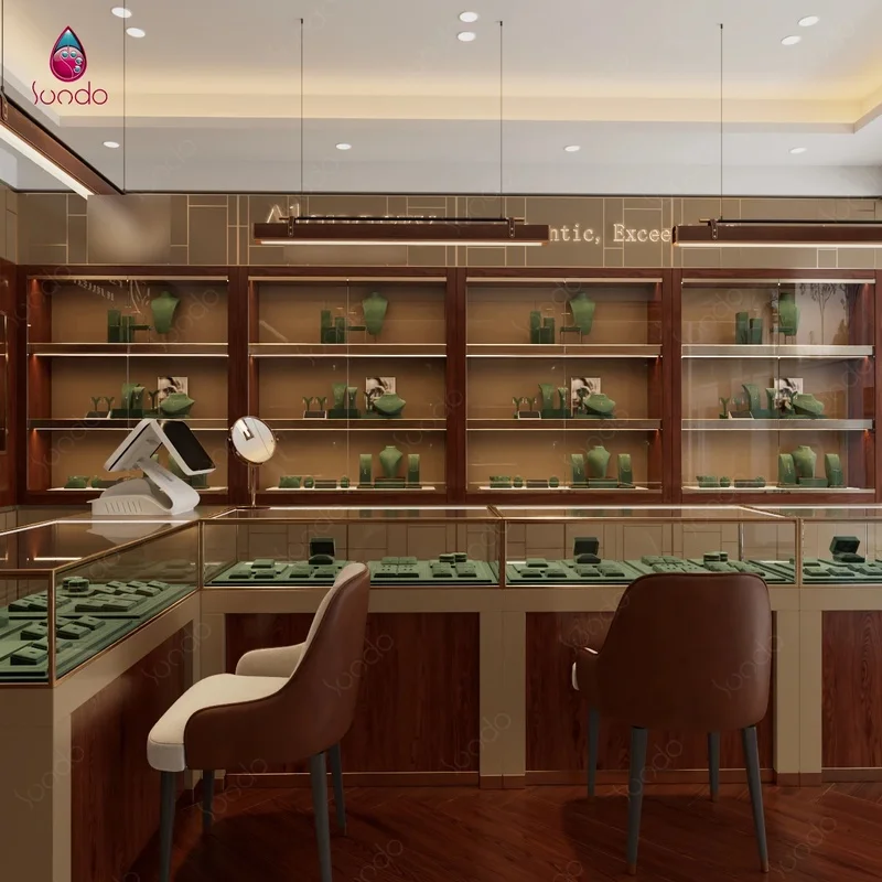 custom.Sundo Custom Luxury Jewelry Store Interior Design Walnut Wood Gold LED Glass Display Showcase Counter Shop Fitout Furnitu