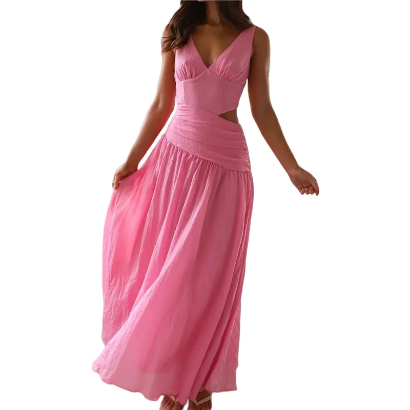 【SEE】レディース ロング ドロップ ウエスト シャーリング サマー パーティー ドレス 流れるような V ネック カットアウト プリーツ レディース ドレス