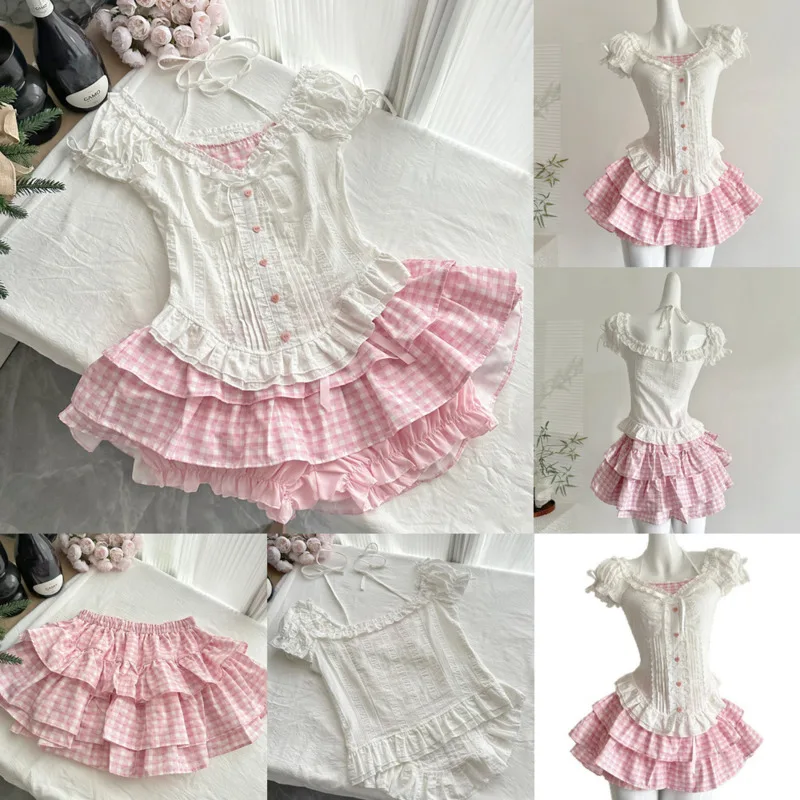 

Plaid Cake Dresses Top Girls Sweet Y2K Mini Dresses Midi Dresses Coconut Inspired Love Straps Layered A-line Skirt Dresses New