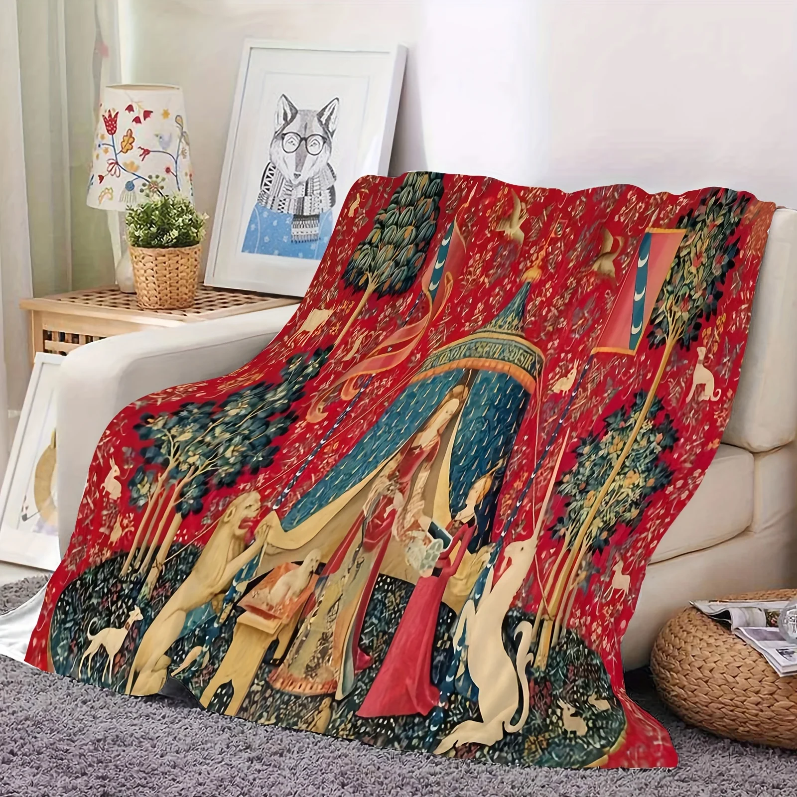 Retro Medieval Court Style Noblewoman And Unicorn Throw Blanket, Nap Blanket, Small Cover, Decor for Bed And Sofa