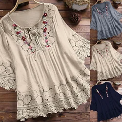 Elegant Women Shirts & Blouses Vintage Lace Patchwork Three Quarter Blouse Tops Plus Size Fashion Shirts Blusas Para Mujer