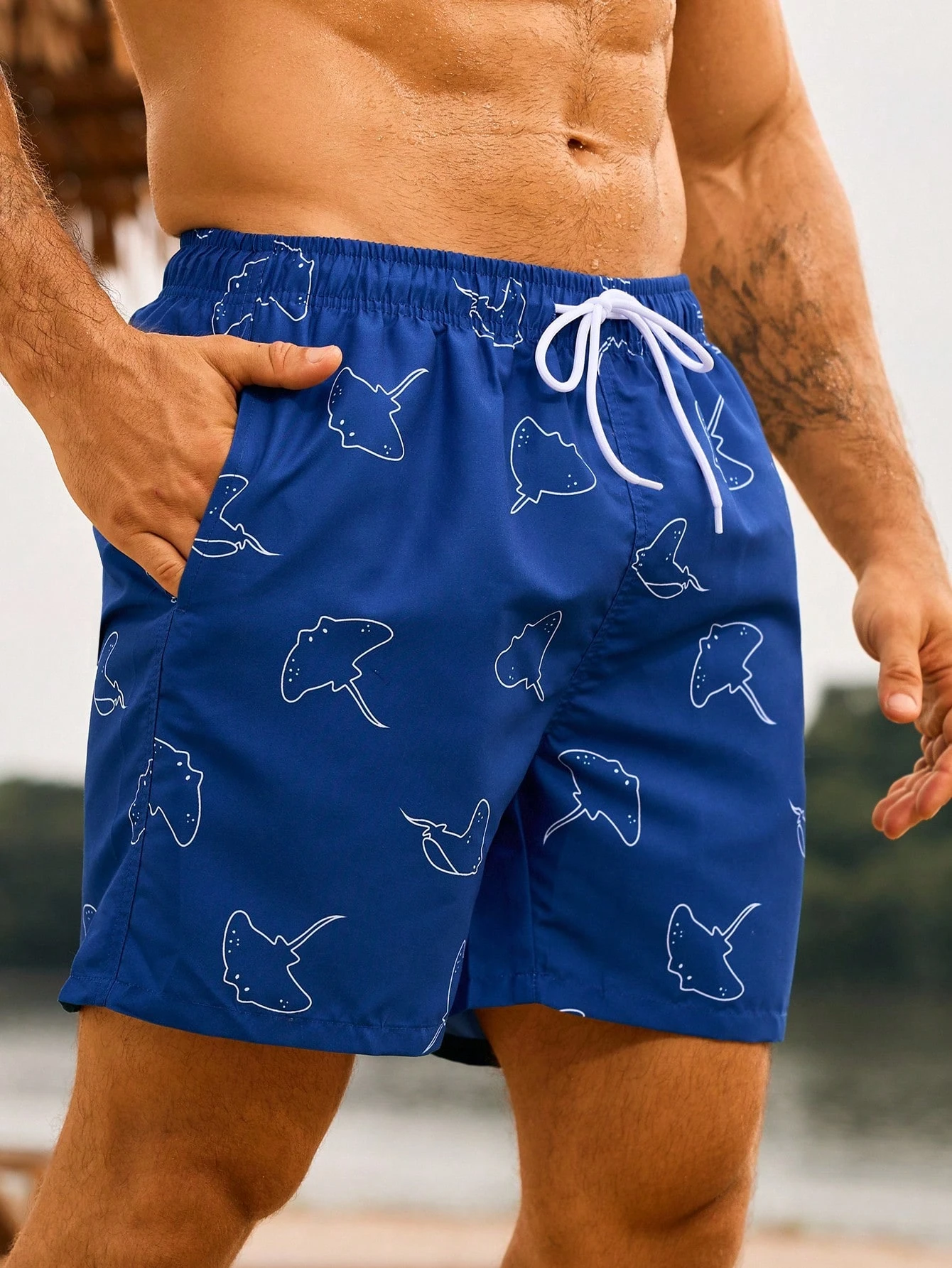 

Мужские пляжные шорты с мультяшным принтом и шнурком на талии, быстросохнущие мужские шорты с завязками на талии, спортивные шорты, мужская одежда