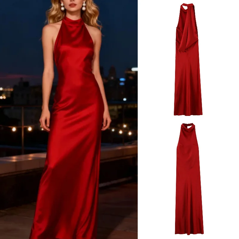 2025, Herbst/Winter, neues modisches, elegantes Partykleid mit verstellbaren Trägern, sexy Satin-Textur, langes Kleid mit Neckholder