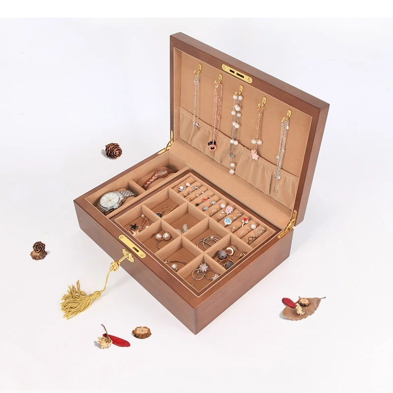 Double Rectangle Jewelry Box Chinese Wooden Storage with Lock Watch Necklace Earring Ring Container Gift