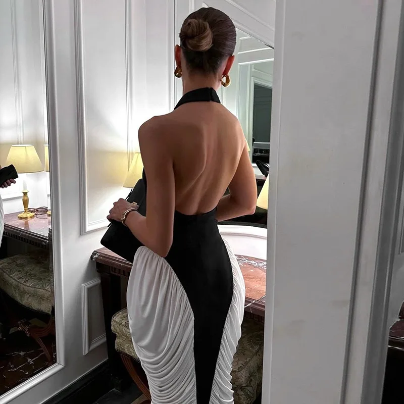 Chic Contrast Color Folds Party Evening Dresses Women Elegant Halter Backless Sleeveless Bodycon Midi Dress 2026 Cocktail Robes