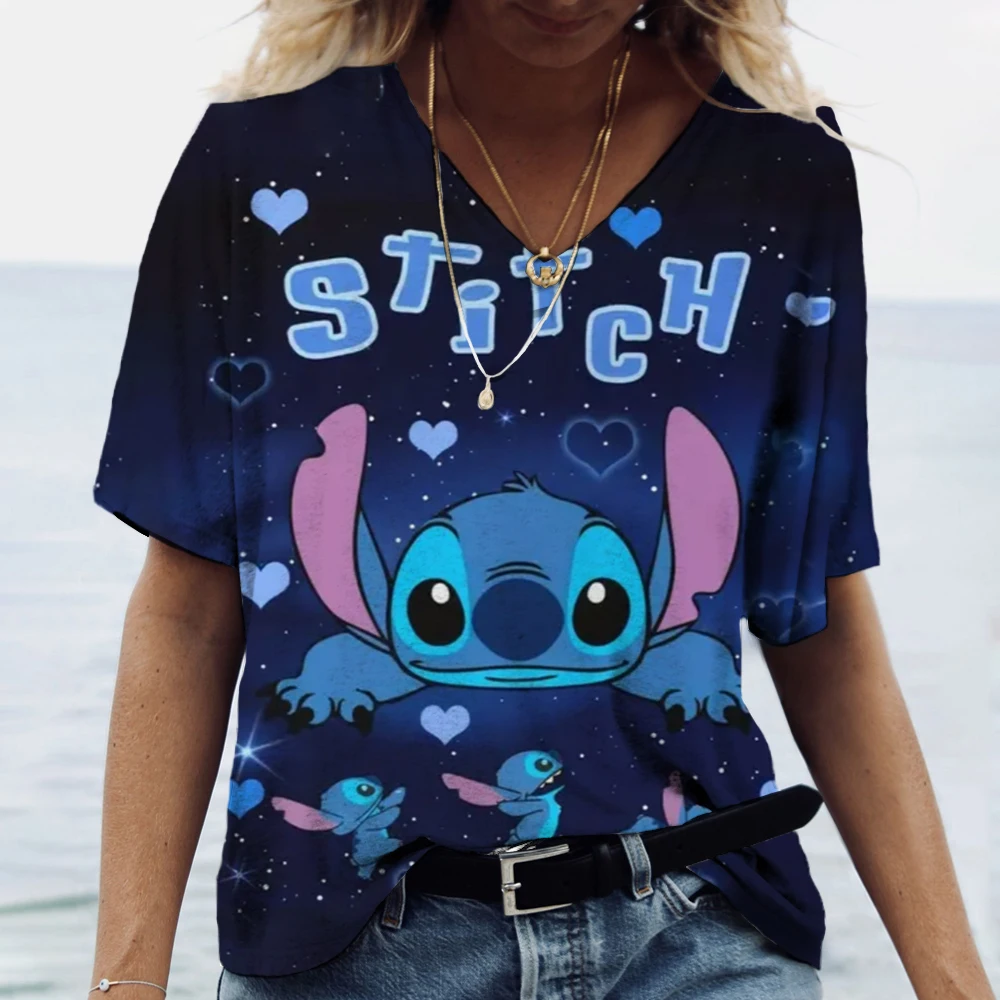 2025 sommer Frauen Cartoon Stich Tops Tees Stilvolle T-shirt Weibliche Mode Kurzarm Kleidung Hohe Qualität Casual Streetwear