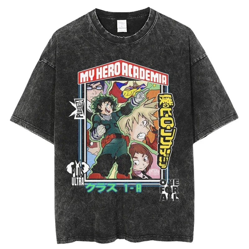 2025 Harajuku Man T Shirt Vintage Washed Fashion Hip Hop Anime My Hero Academia T Shirts Men Casual Streetwear Tees Tops