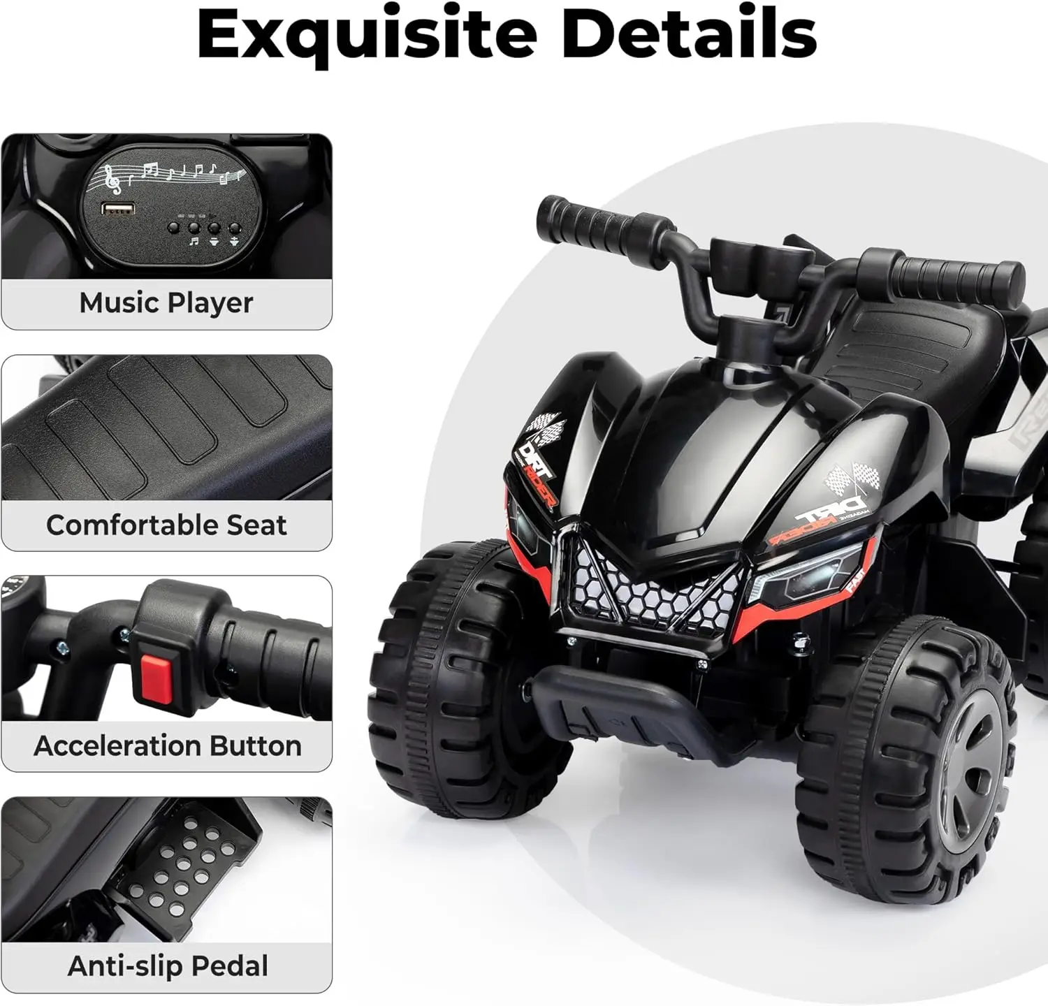 6V Ride On Toy for Toddler, 25W 4 Power Wheels with Cool Spraying System, 4-Wheeler Quad ATV Play Car Electric Vehicles with LED