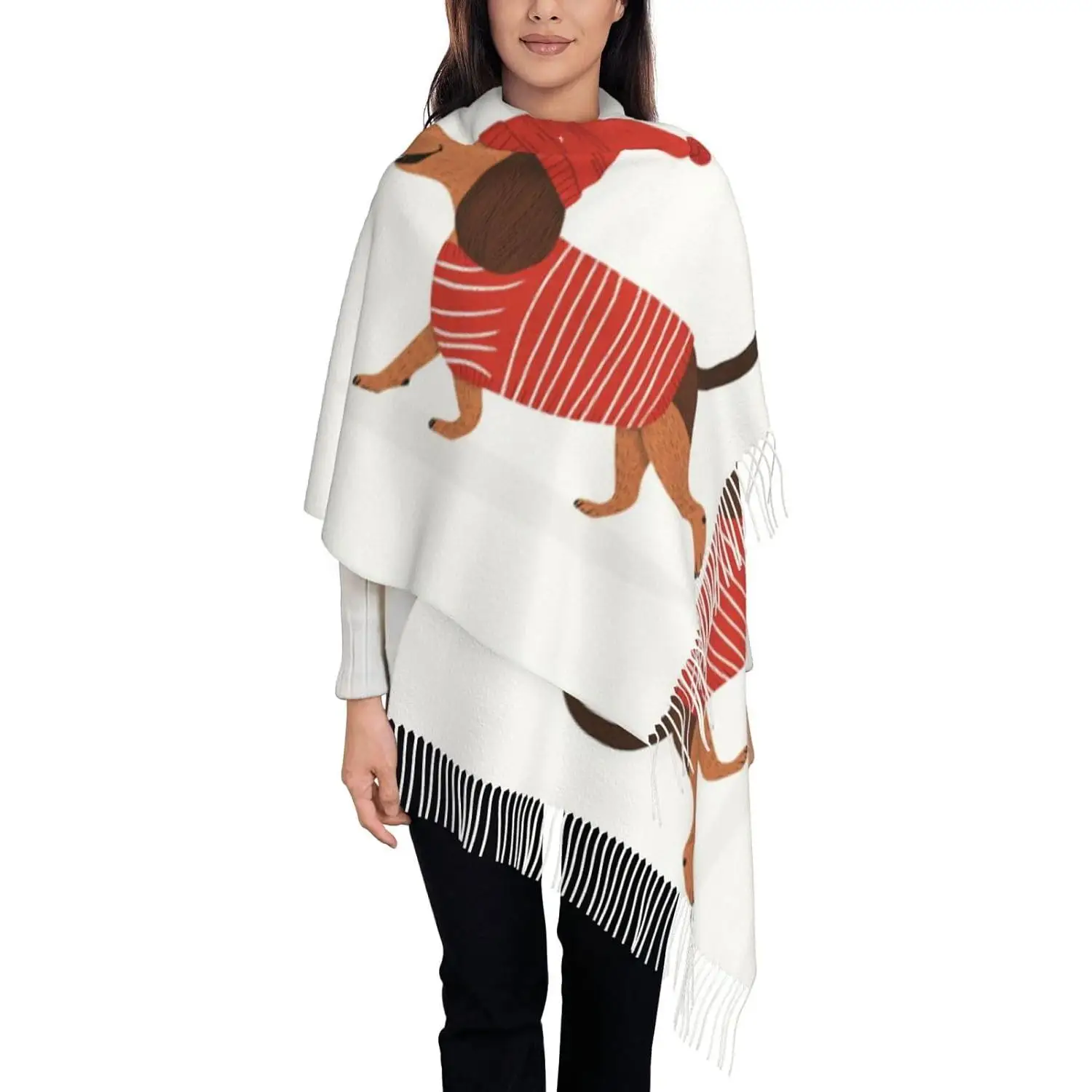 

Забавный зимний мягкий шарф с таксой, милая собака-колбаска, женские теплые шали, уютный шарф с кисточками для яркого щенка