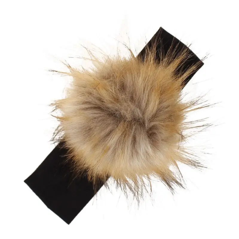 Raccoon Faux Fur Pompoms Baby Headband Cotton Children Girls Elastic Hair Bands