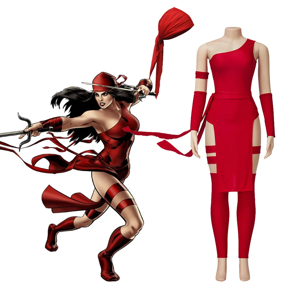 Disfraz de Cosplay de Elektra Natchios para mujer, conjunto de vestido rojo con Bandana, superhéroe, trajes Sexy de moda para Halloween