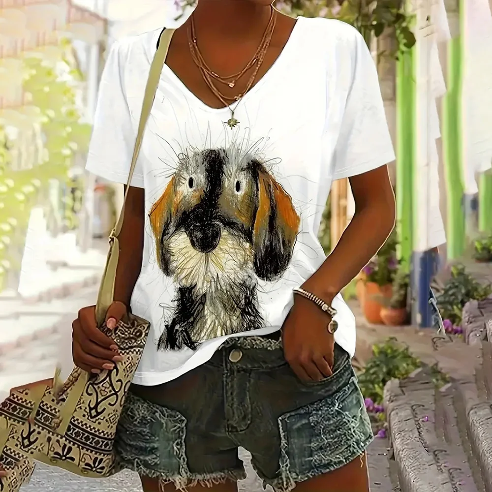 Women's T Shirt Casual Short Sleeve Cute Dog Print T Shirts Summer Fashion Streetwear V Neck Pullover Female Oversized Clothing