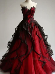 Red And Black Wedding Dress Ruffle Tulle Gothic Bridal Gown Customized Color Sweetheart Sleeveless Vestido De Novia