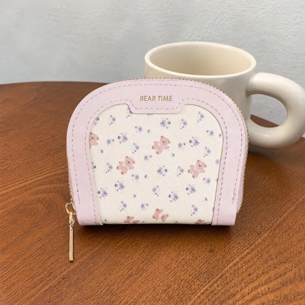 Stylish PU Bear Print Coin Purse Multi-Slot Lightweight Small Card Wallet Zippered Portable Cute Mini Pouch Ladies