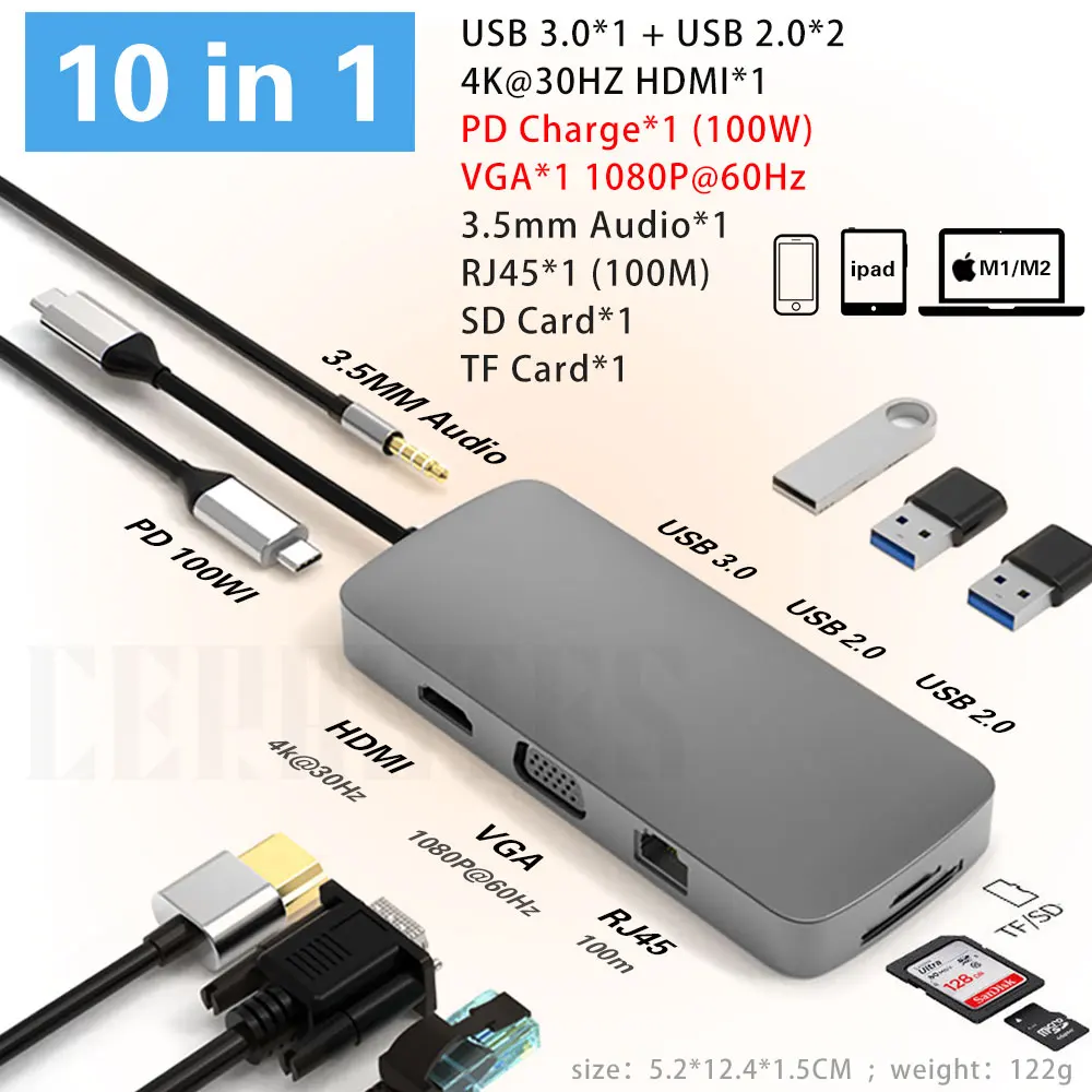 Cerastes-USB cハブドックステーション,USB 3.0タイプCからHDMI互換,macbook pro m1 air m2ラップトップ用のUSB充電アダプター